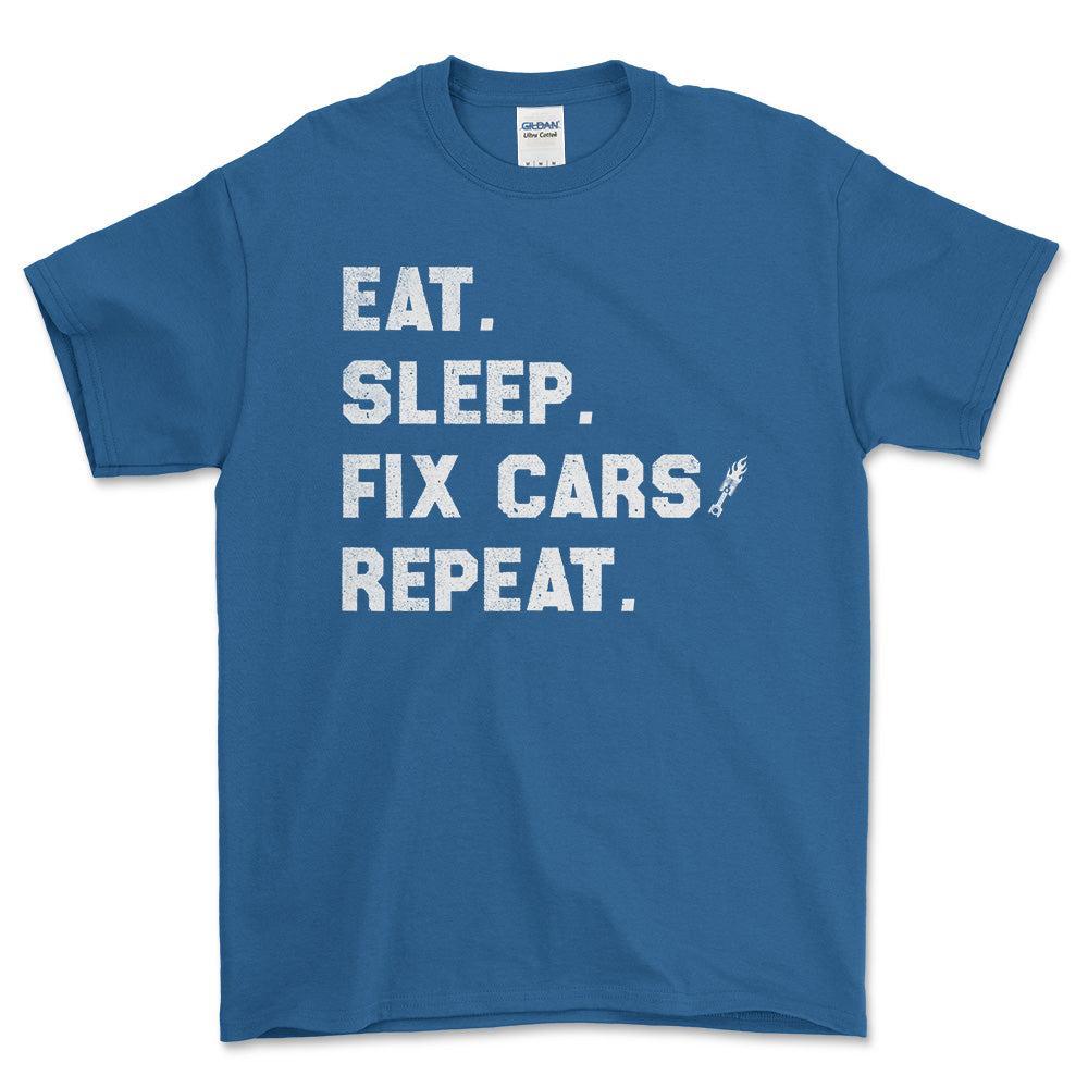 Eat Sleep Fix Cars Repeat T-Shirt , Bomuld-Beklædning-Garage Culture-Blå Royal-S-Forside-Garage Culture Shop- garage - man cave - merchandise