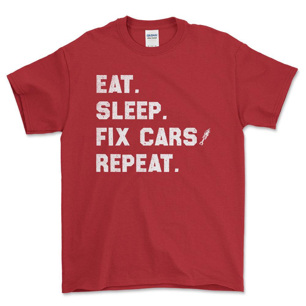 Eat Sleep Fix Cars Repeat T-Shirt , Bomuld-Beklædning-Garage Culture-Rød-S-Forside-Garage Culture Shop- garage - man cave - merchandise