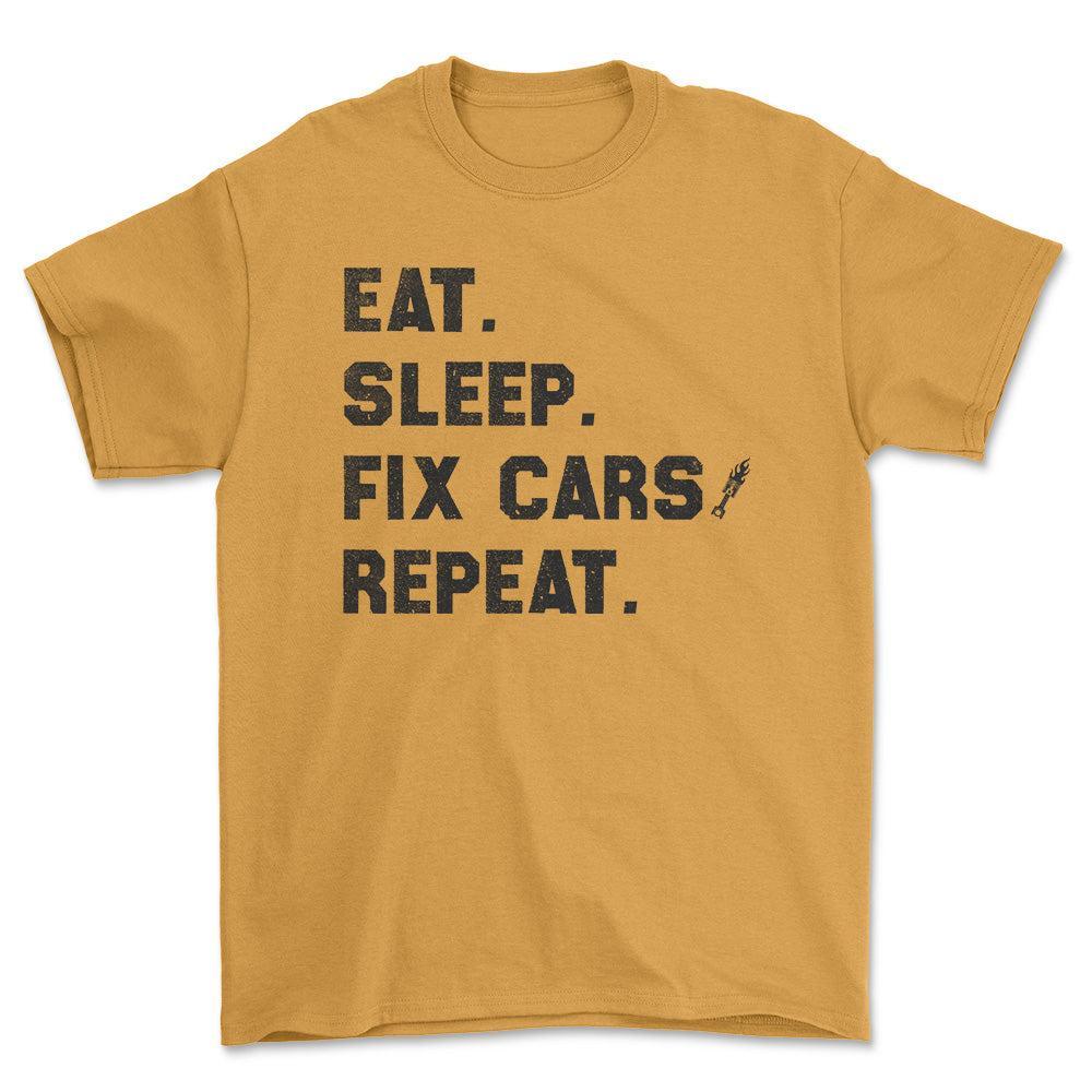 Eat Sleep Fix Cars Repeat T-Shirt , Bomuld-Beklædning-Garage Culture-Guld-S-Forside-Garage Culture Shop- garage - man cave - merchandise