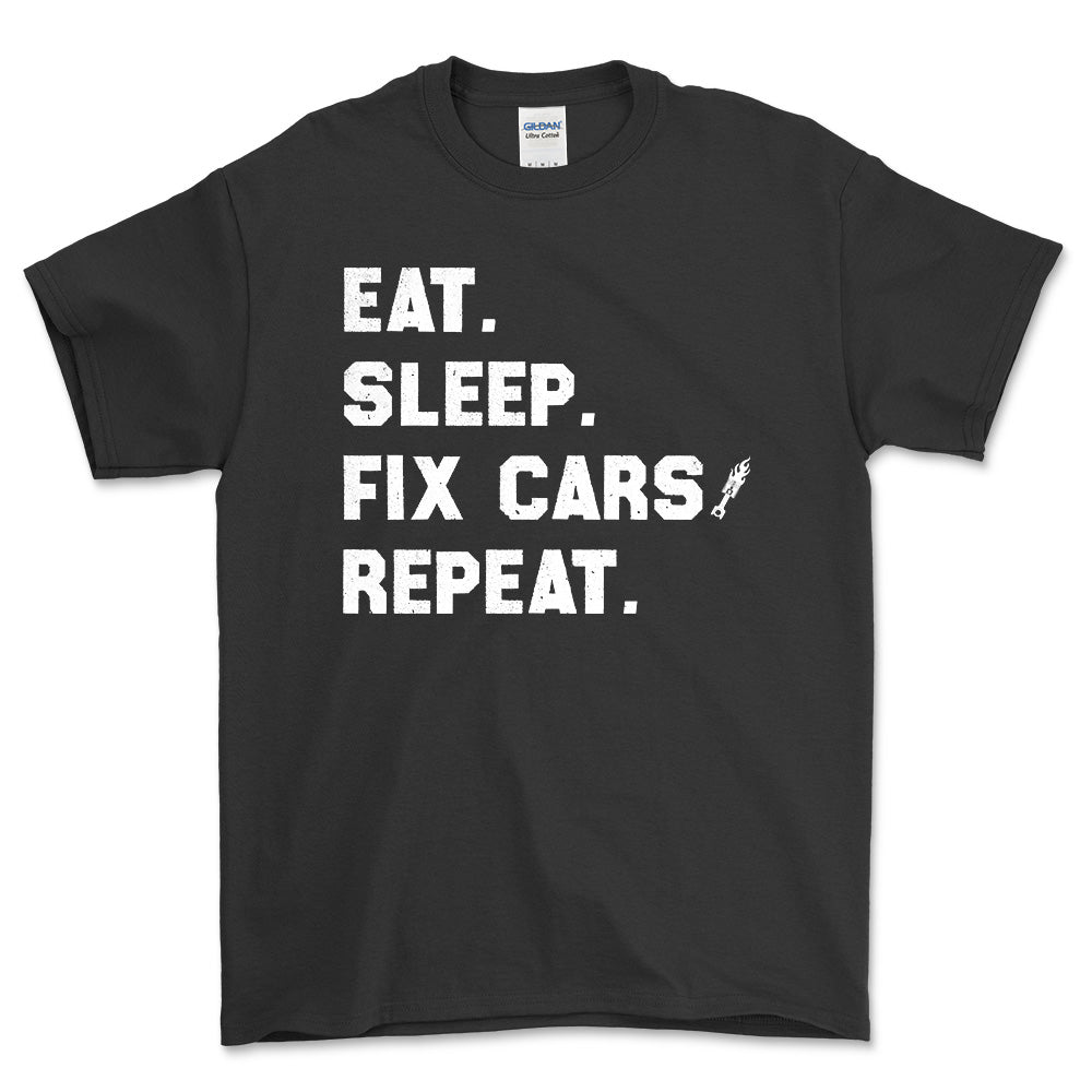 Eat Sleep Fix Cars Repeat T-Shirt , Bomuld-Beklædning-Garage Culture-Sort-S-Forside-Garage Culture Shop- garage - man cave - merchandise