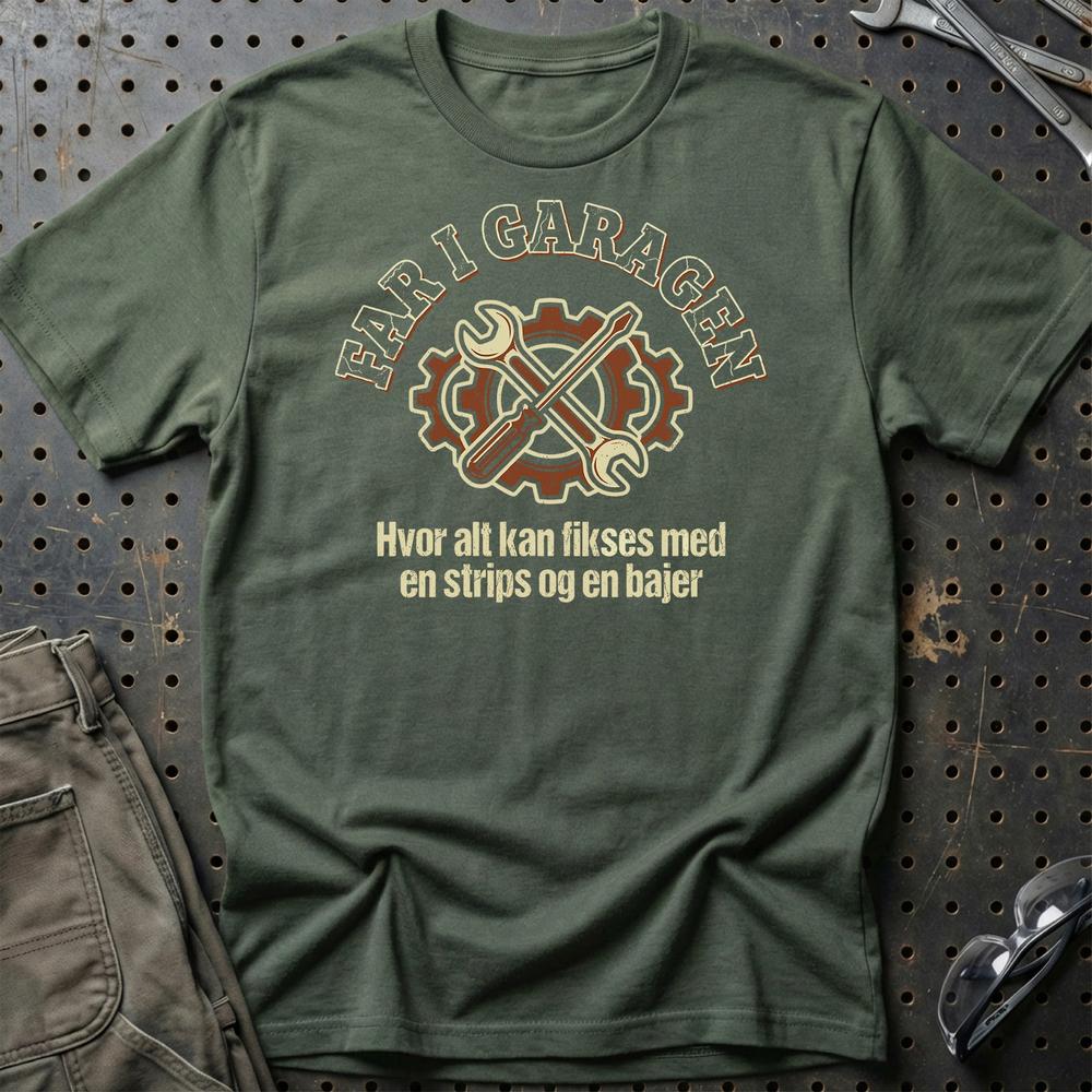 Far I Garagen - Unisex T-Shirt , Bomuld-Beklædning-Garage Culture-Grøn Militær-S-Garage Culture Shop- garage - man cave - merchandise