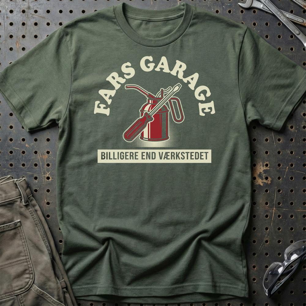 Fars Garage Billigere End Værkstedet - Unisex T-Shirt , Bomuld-Beklædning-Garage Culture-Grøn Militær-S-Garage Culture Shop- garage - man cave - merchandise