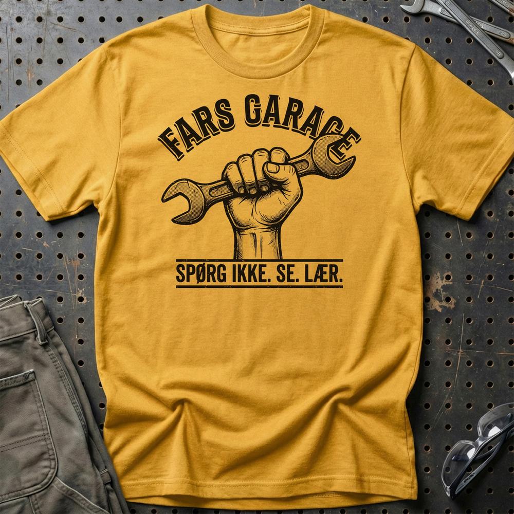 Fars Garage Spørg Ikke. Se. Lær. - Unisex T-Shirt , Bomuld-Beklædning-Garage Culture-Guld-S-Garage Culture Shop- garage - man cave - merchandise
