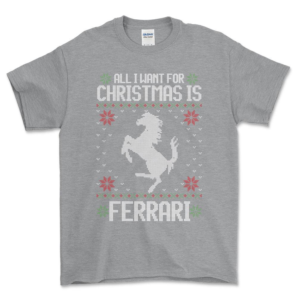 Ferrari - All I Want For Christmas - Unisex T-Shirt , Bomuld-Beklædning-Ferrari-Grå Sport-S-Forside-Garage Culture Shop- garage - man cave - merchandise