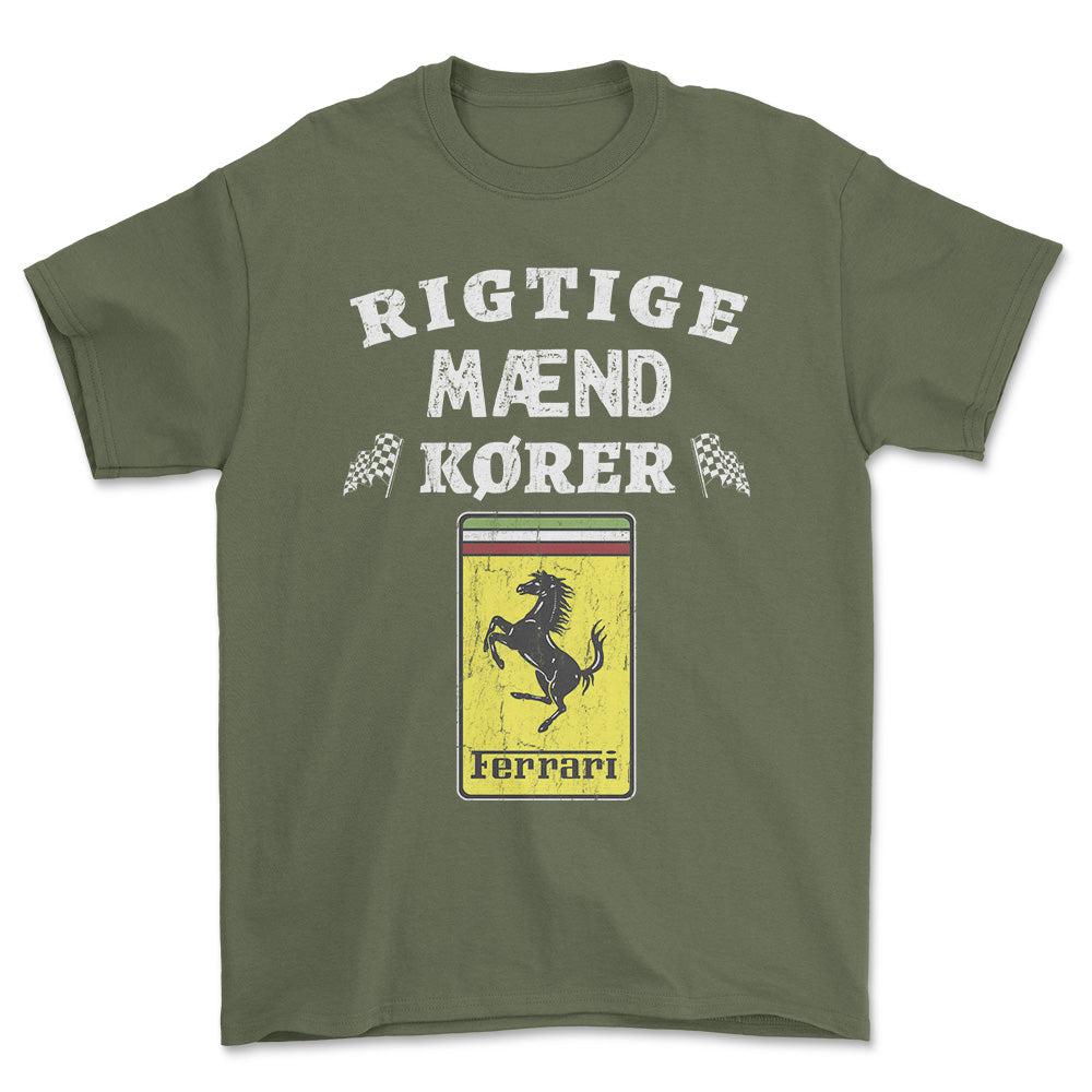 Ferrari Rigtige Mænd Kører - Unisex T-Shirt , Bomuld-Beklædning-Ferrari-Grøn Militær-S-Forside-Garage Culture Shop- garage - man cave - merchandise