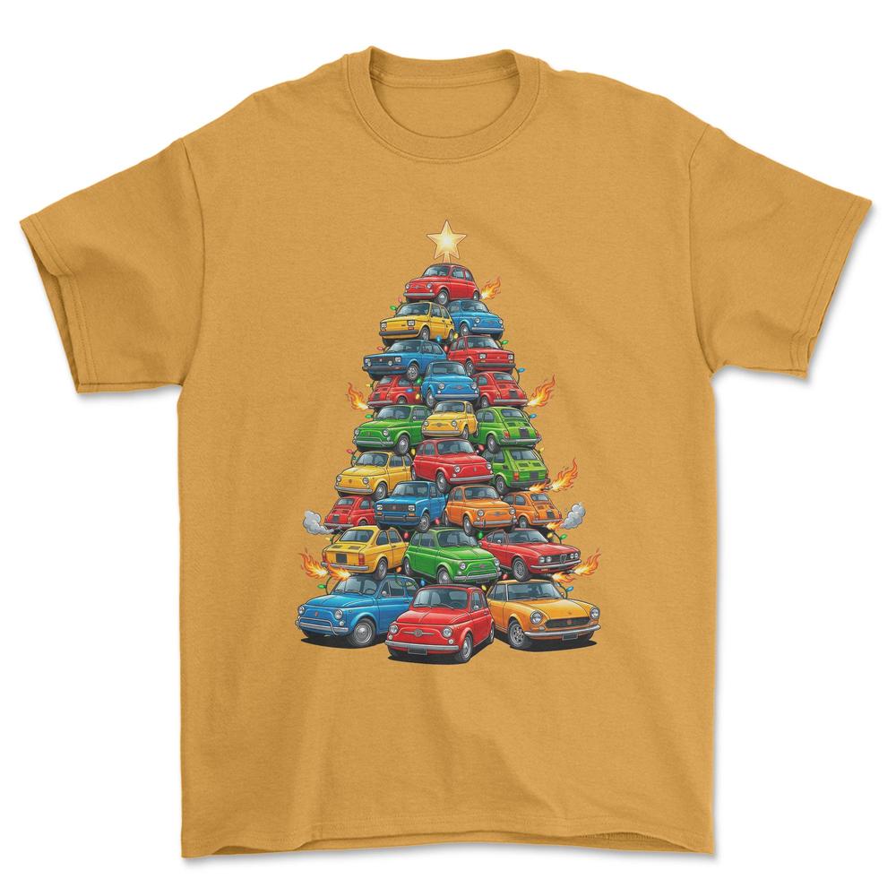 Fiat Juletræ Christmas Tree - Unisex T-Shirt-Beklædning-Fiat-Guld-S-Forside-Garage Culture Shop- garage - man cave - merchandise