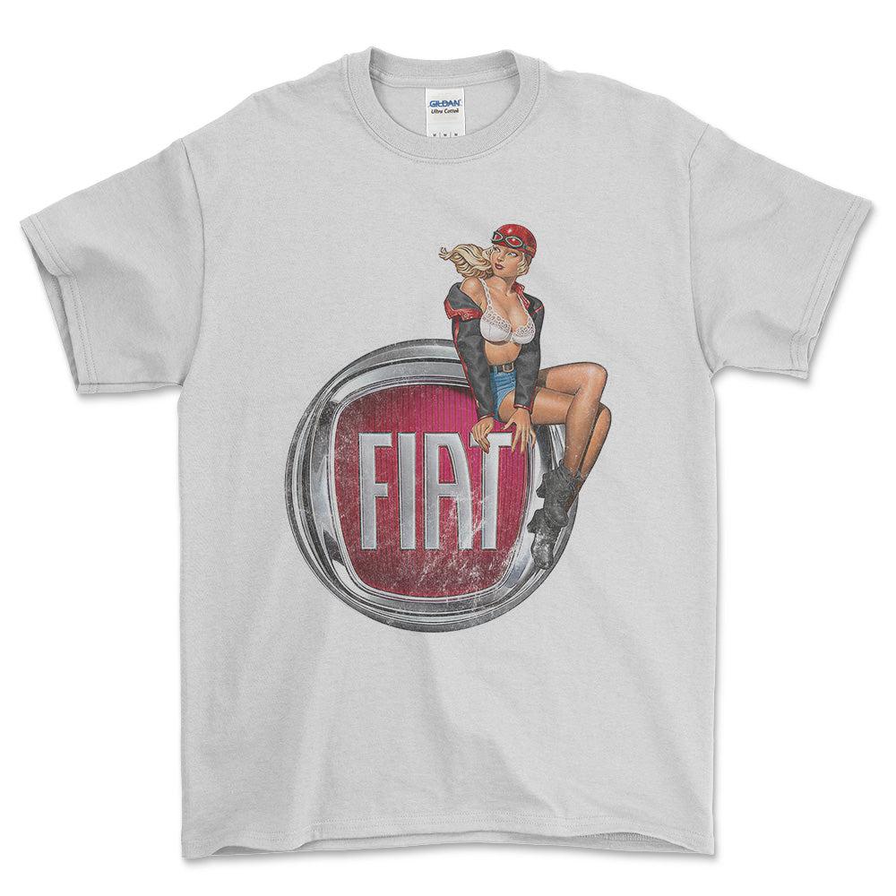 Fiat Pinup - Unisex T-Shirt , Bomuld-Beklædning-Fiat-Hvid-S-Forside-Garage Culture Shop- garage - man cave - merchandise