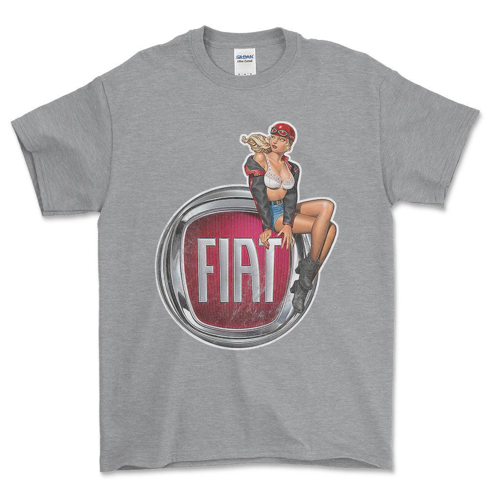 Fiat Pinup - Unisex T-Shirt , Bomuld-Beklædning-Fiat-Grå Sport-S-Forside-Garage Culture Shop- garage - man cave - merchandise