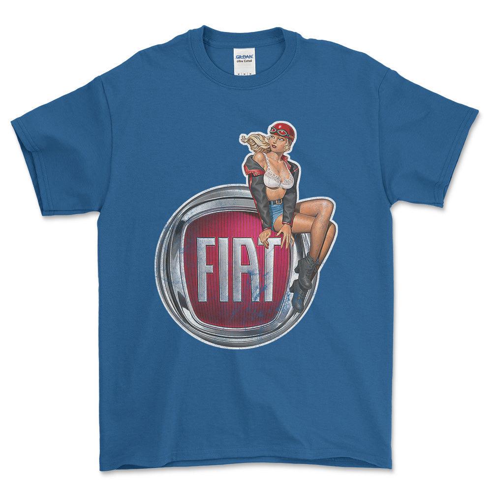 Fiat Pinup - Unisex T-Shirt , Bomuld-Beklædning-Fiat-Blå Royal-S-Forside-Garage Culture Shop- garage - man cave - merchandise