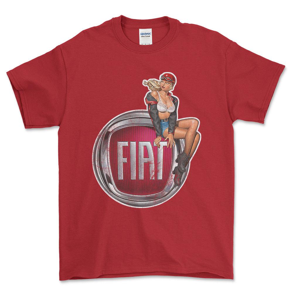 Fiat Pinup - Unisex T-Shirt , Bomuld-Beklædning-Fiat-Rød-S-Forside-Garage Culture Shop- garage - man cave - merchandise
