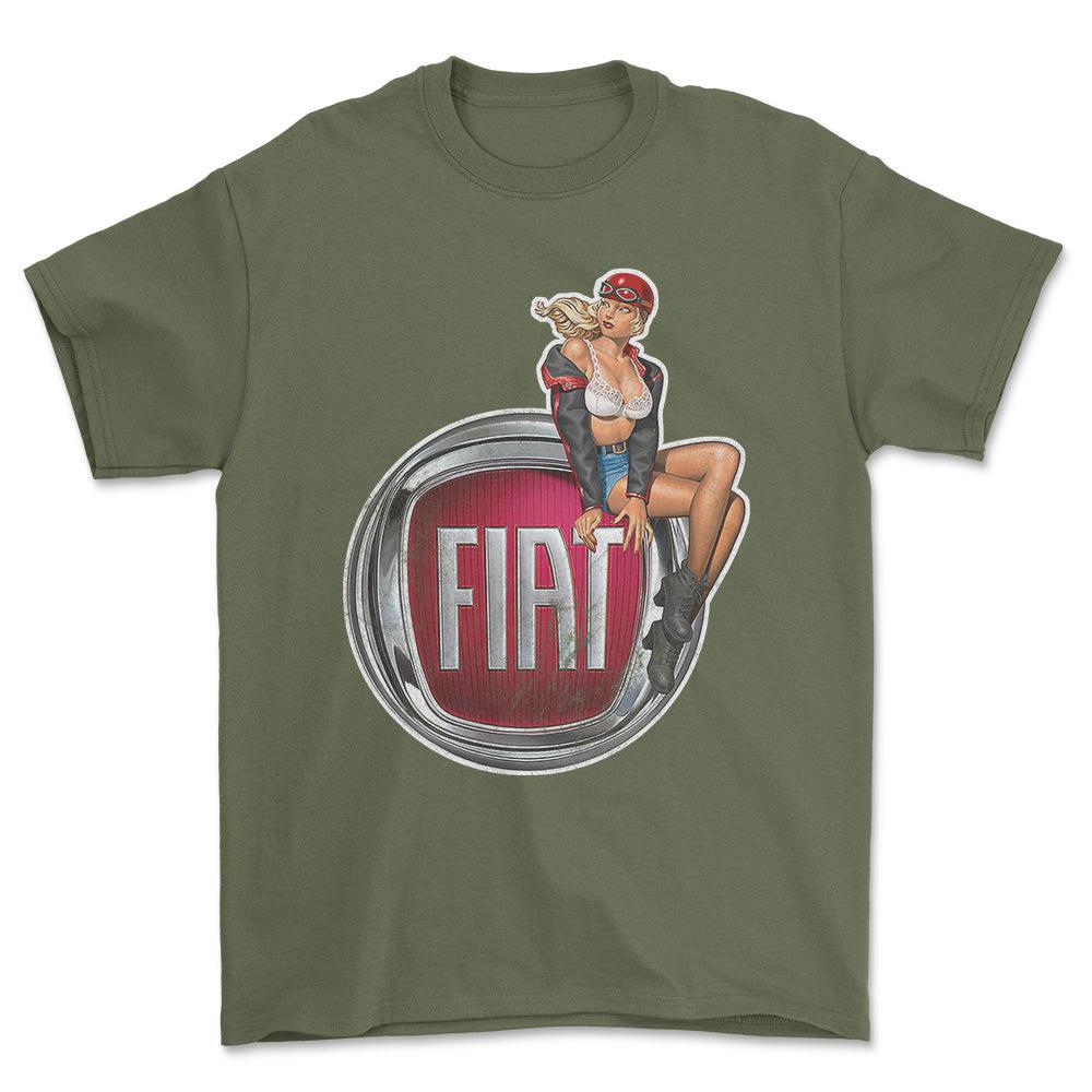 Fiat Pinup - Unisex T-Shirt , Bomuld-Beklædning-Fiat-Grøn Militær-S-Forside-Garage Culture Shop- garage - man cave - merchandise