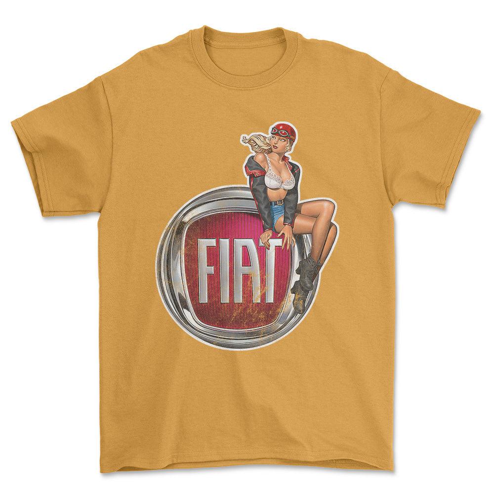 Fiat Pinup - Unisex T-Shirt , Bomuld-Beklædning-Fiat-Guld-S-Forside-Garage Culture Shop- garage - man cave - merchandise