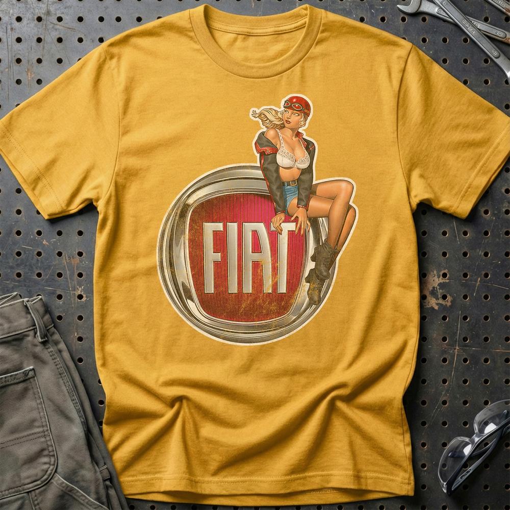 Fiat Pinup - Unisex T-Shirt , Bomuld-Beklædning-Fiat-Guld-S-Garage Culture Shop- garage - man cave - merchandise