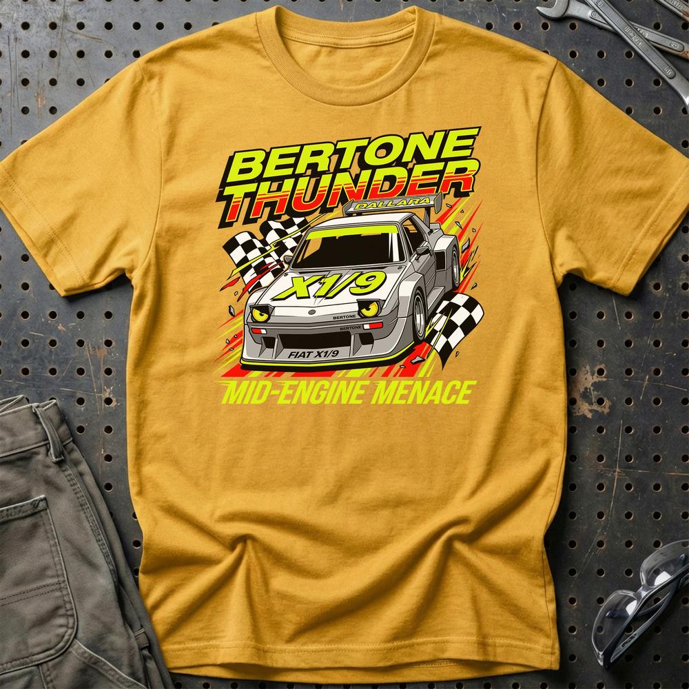 Fiat X1/9 Bertone Thunder Mid-Engine Menace - Unisex T-Shirt-Beklædning-Fiat-Guld-S-Garage Culture Shop- garage - man cave - merchandise