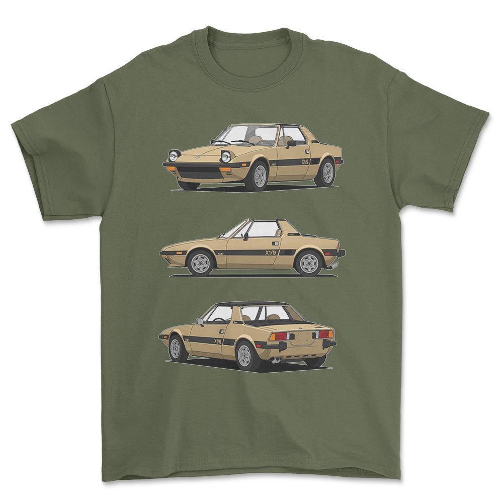 Fiat X1/9 - One Line Style Unisex T-Shirt-Beklædning-Fiat-Grøn Militær-S-Forside-Garage Culture Shop- garage - man cave - merchandise