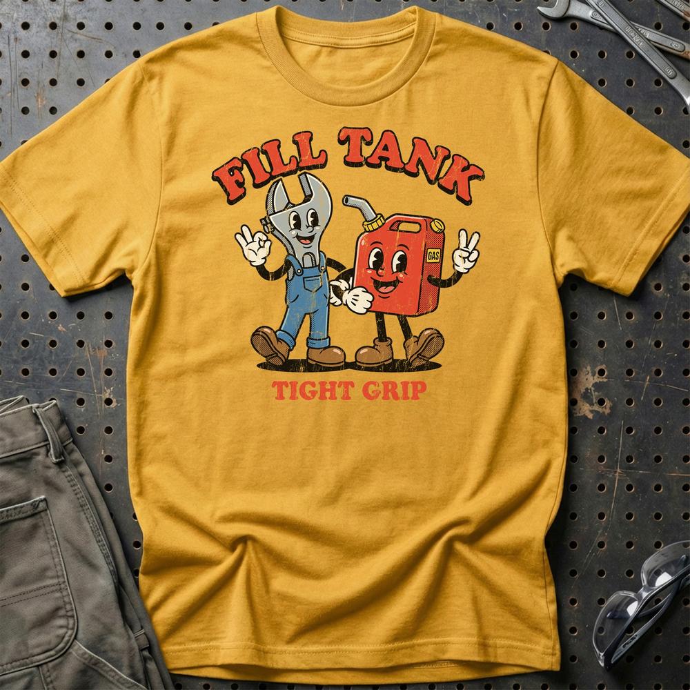Fill Tank Tight Grip – Oldschool Mascot Mechanic Car - Unisex T-Shirt , Bomuld-Beklædning-Garage Culture-Guld-S-Garage Culture Shop- garage - man cave - merchandise