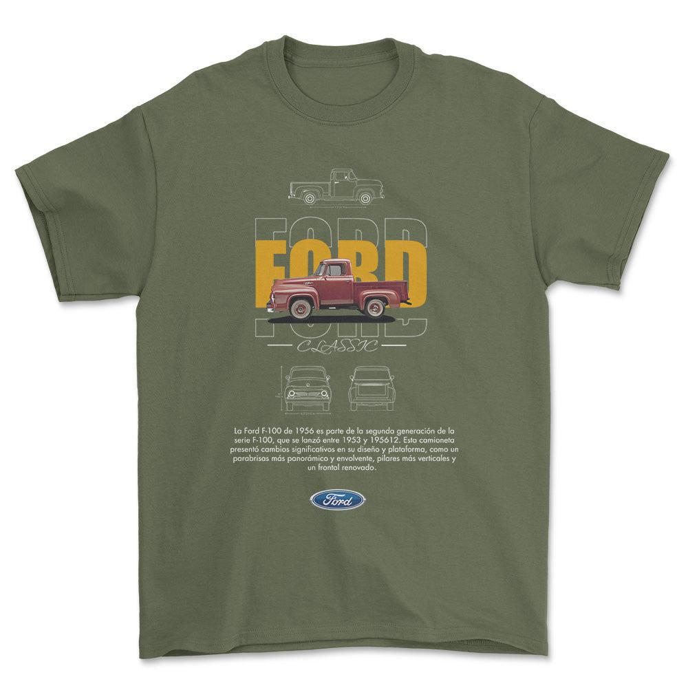 Ford F100 - Unisex T-Shirt , Bomuld-Beklædning-Ford-Grøn Militær-S-Forside-Garage Culture Shop- garage - man cave - merchandise
