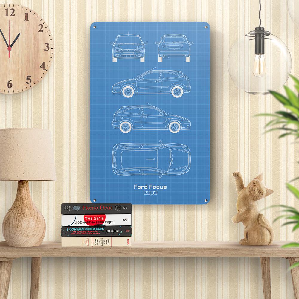 Ford Focus 3 door 2003 Blueprint Skilte, Musemåtte, Dørmåtte-Blueprint-Ford-Garage Culture Shop- garage - man cave - merchandise