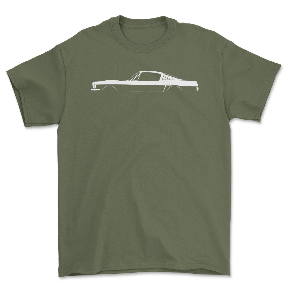 Ford Mustang 1965-1966 Silhuet - Unisex T-Shirt , Bomuld-Beklædning-Ford-Grøn Militær-S-Forside-Garage Culture Shop- garage - man cave - merchandise