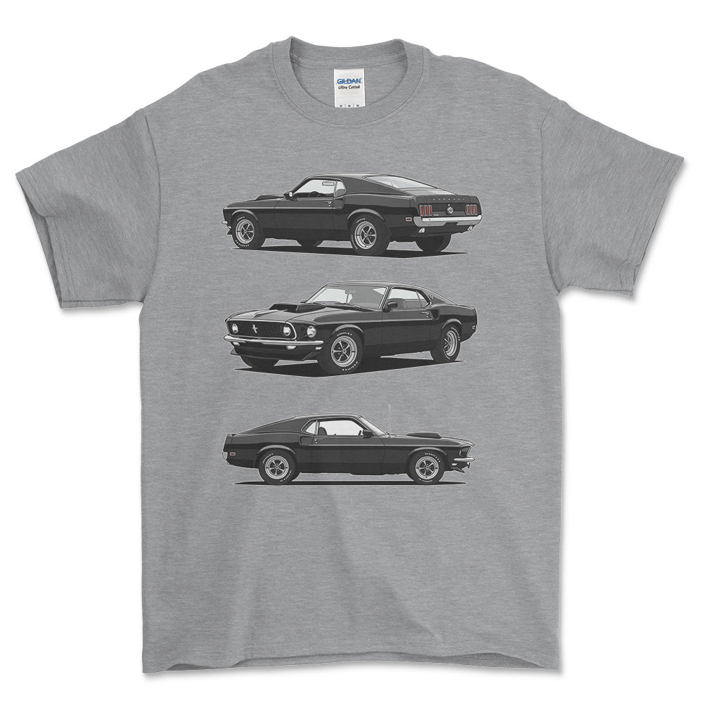 Ford Mustang 1969 Boss 429 - One Line Style Unisex T-Shirt-Beklædning-Ford-Grå Sport-S-Forside-Garage Culture Shop- garage - man cave - merchandise