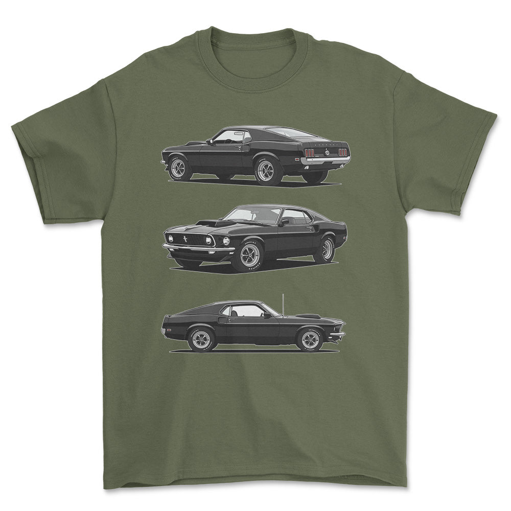Ford Mustang 1969 Boss 429 - One Line Style Unisex T-Shirt-Beklædning-Ford-Grøn Militær-S-Forside-Garage Culture Shop- garage - man cave - merchandise