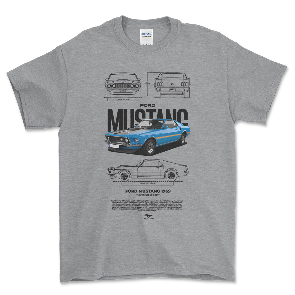 Ford Mustang 1969 - Unisex T-Shirt , Bomuld-Beklædning-Ford-Grå Sport-S-Forside-Garage Culture Shop- garage - man cave - merchandise