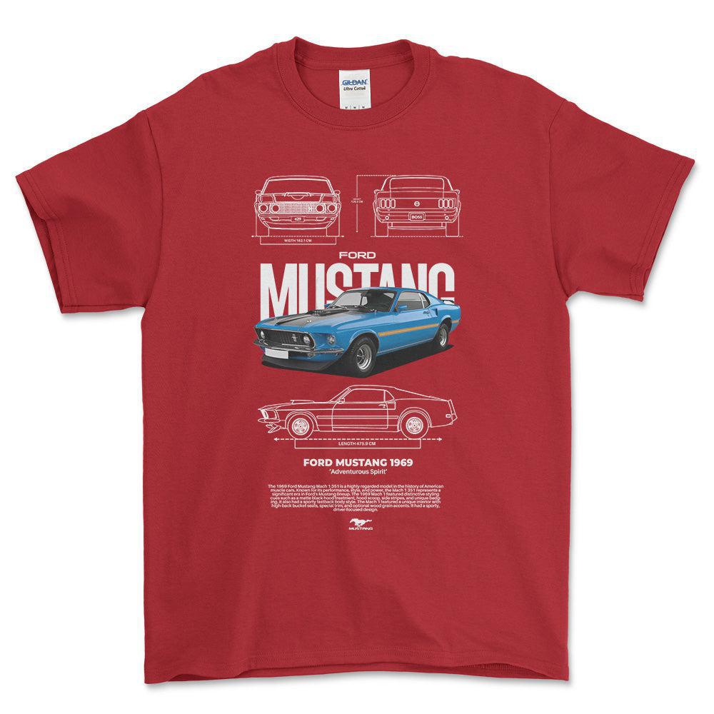 Ford Mustang 1969 - Unisex T-Shirt , Bomuld-Beklædning-Ford-Rød-S-Forside-Garage Culture Shop- garage - man cave - merchandise