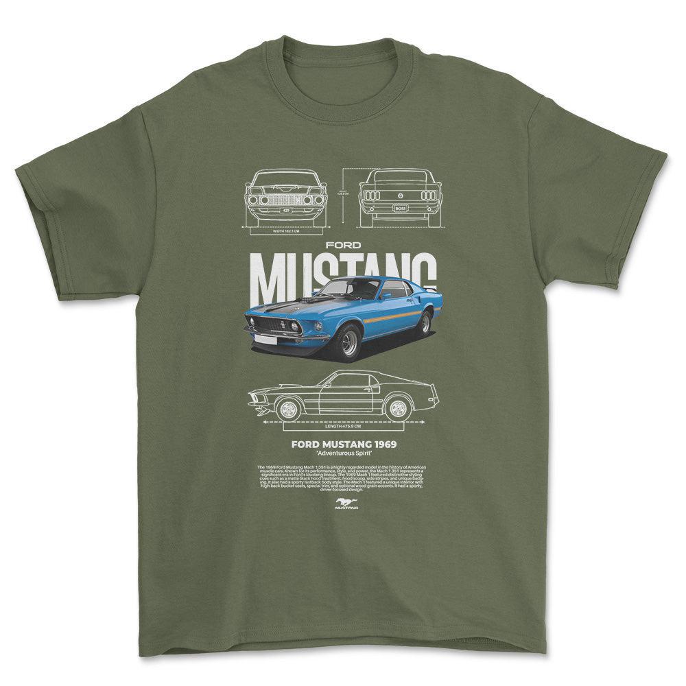 Ford Mustang 1969 - Unisex T-Shirt , Bomuld-Beklædning-Ford-Grøn Militær-S-Forside-Garage Culture Shop- garage - man cave - merchandise