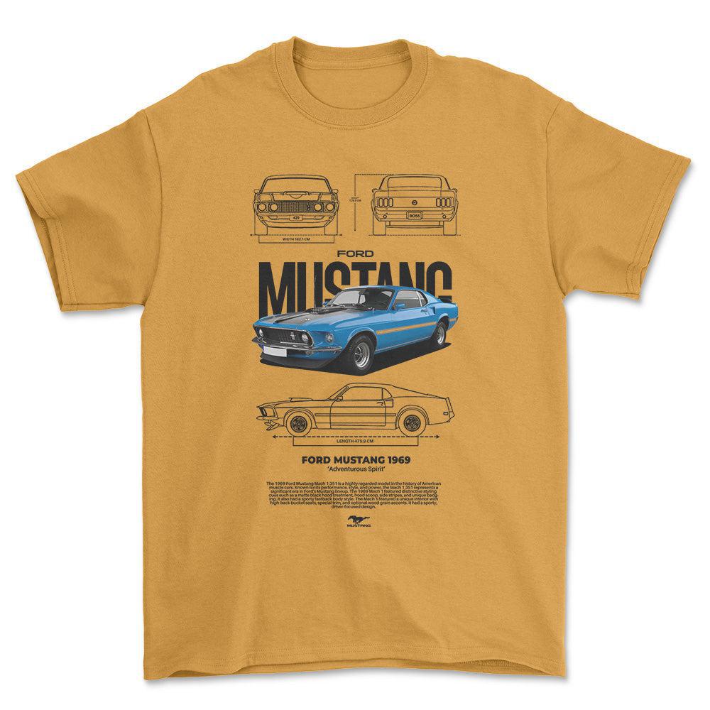 Ford Mustang 1969 - Unisex T-Shirt , Bomuld-Beklædning-Ford-Guld-S-Forside-Garage Culture Shop- garage - man cave - merchandise