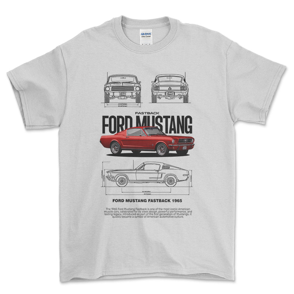 Ford Mustang Fastback 1965 - Unisex T-Shirt , Bomuld-Beklædning-Ford-Hvid-S-Forside-Garage Culture Shop- garage - man cave - merchandise