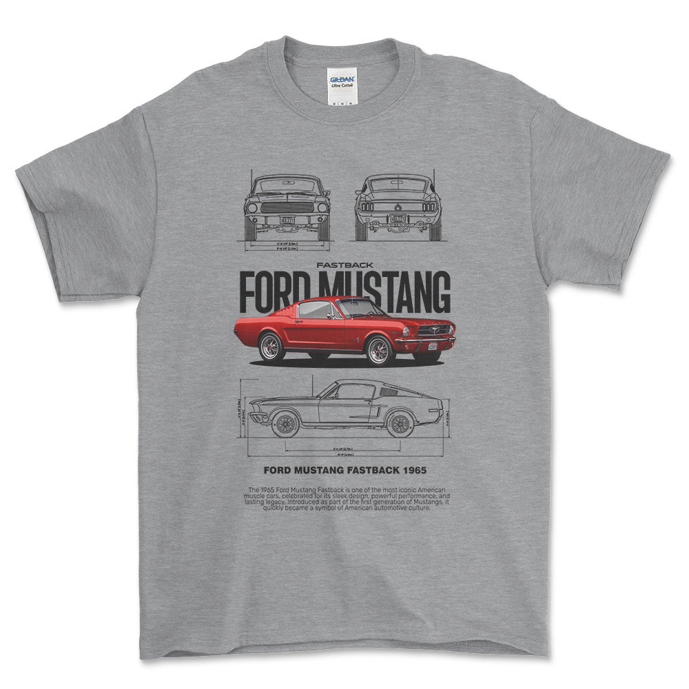 Ford Mustang Fastback 1965 - Unisex T-Shirt , Bomuld-Beklædning-Ford-Grå Sport-S-Forside-Garage Culture Shop- garage - man cave - merchandise
