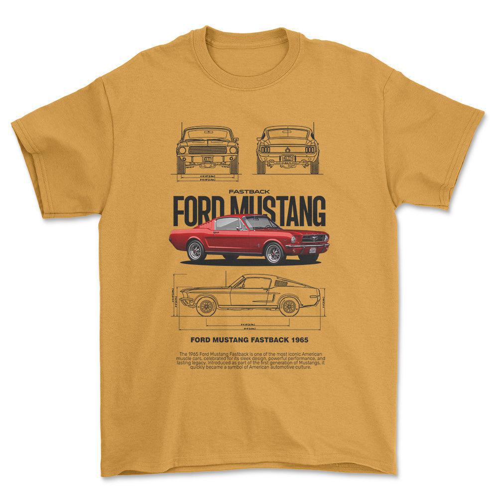 Ford Mustang Fastback 1965 - Unisex T-Shirt , Bomuld-Beklædning-Ford-Guld-S-Forside-Garage Culture Shop- garage - man cave - merchandise