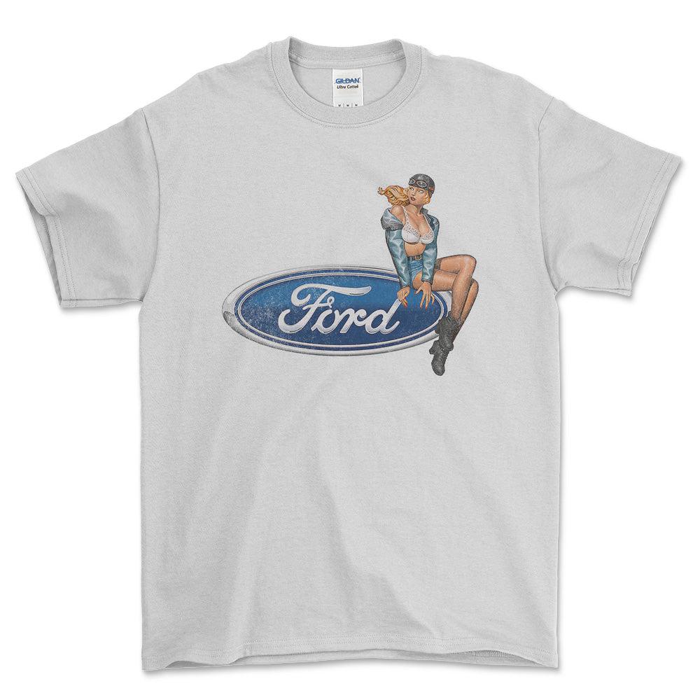 Ford Pinup - Unisex T-Shirt , Bomuld-Beklædning-Ford-Hvid-S-Forside-Garage Culture Shop- garage - man cave - merchandise