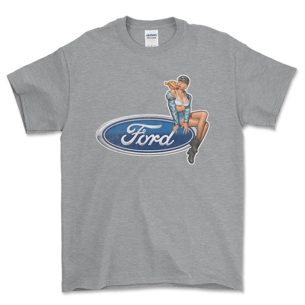 Ford Pinup - Unisex T-Shirt , Bomuld-Beklædning-Ford-Grå Sport-S-Forside-Garage Culture Shop- garage - man cave - merchandise