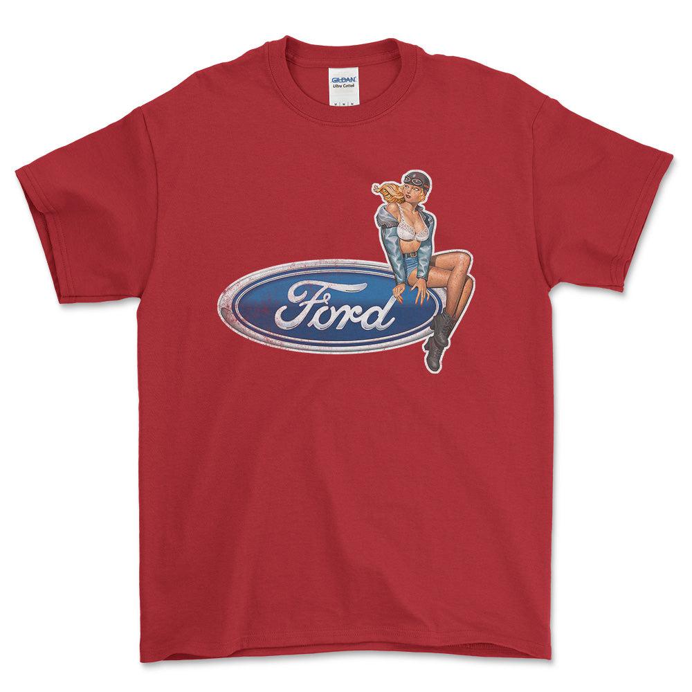 Ford Pinup - Unisex T-Shirt , Bomuld-Beklædning-Ford-Rød-S-Forside-Garage Culture Shop- garage - man cave - merchandise