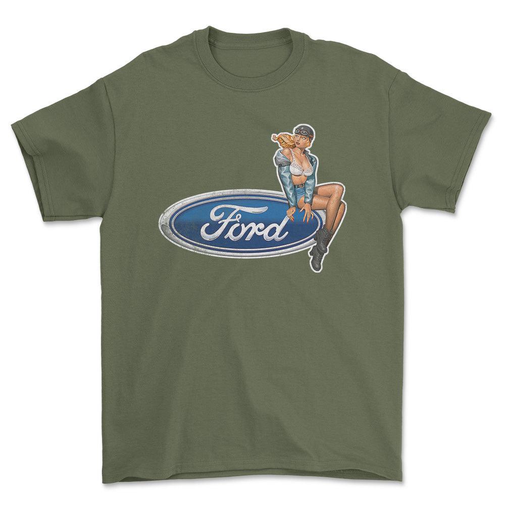 Ford Pinup - Unisex T-Shirt , Bomuld-Beklædning-Ford-Grøn Militær-S-Forside-Garage Culture Shop- garage - man cave - merchandise
