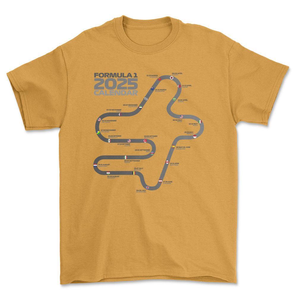 Formula 1 2025 Calendar - Unisex T-Shirt , Bomuld-Beklædning-Formula 1-Guld-S-Forside-Garage Culture Shop- garage - man cave - merchandise