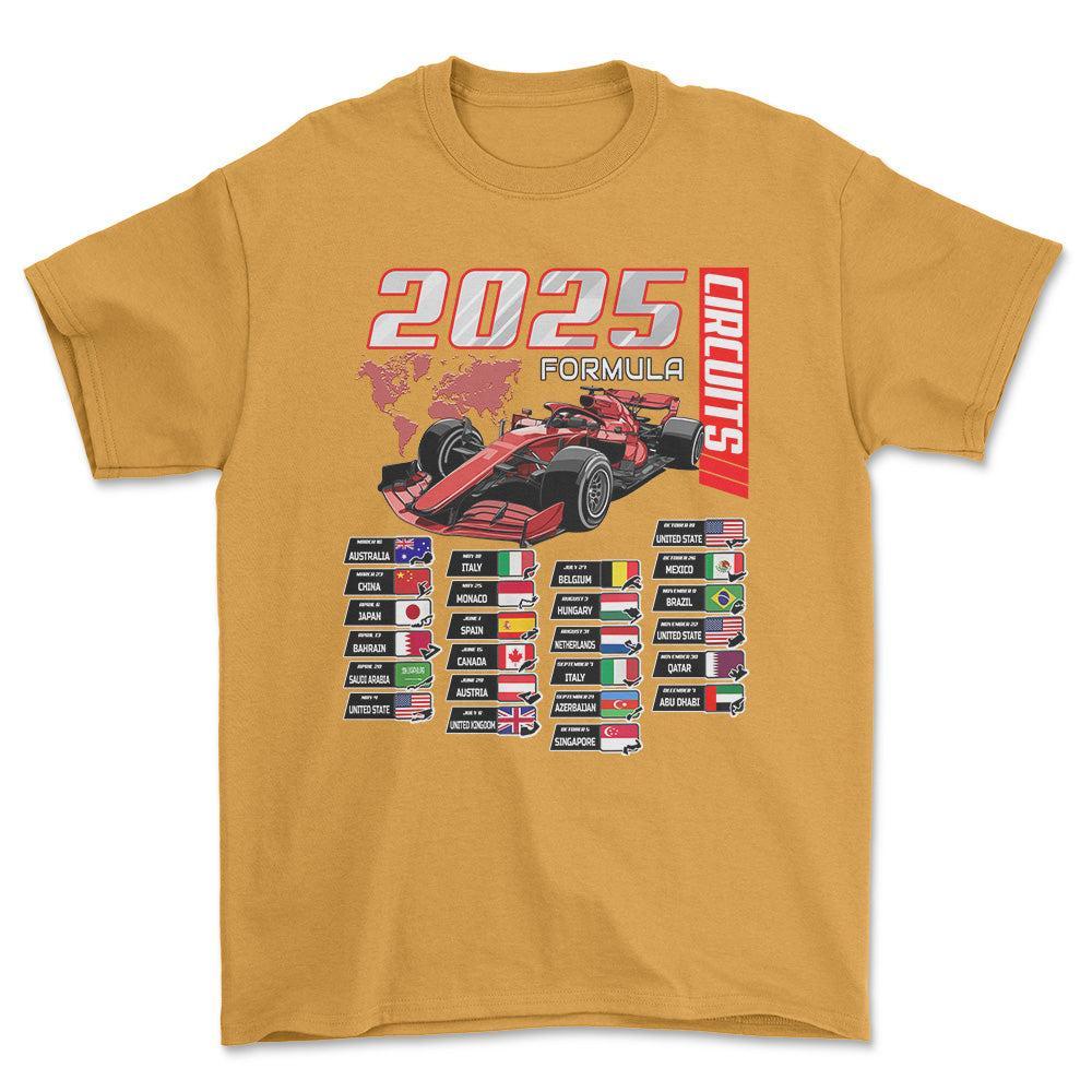 Formula 1 2025 Circuits - Unisex T-Shirt , Bomuld-Beklædning-Formula 1-Guld-S-Forside-Garage Culture Shop- garage - man cave - merchandise