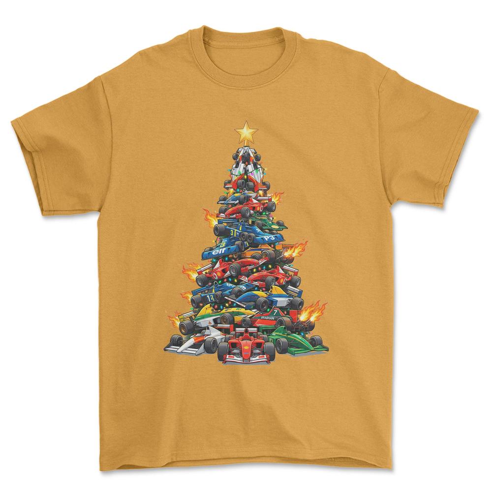 Formula 1 Juletræ Christmas Tree - Unisex T-Shirt-Beklædning-Formula 1-Guld-S-Forside-Garage Culture Shop- garage - man cave - merchandise