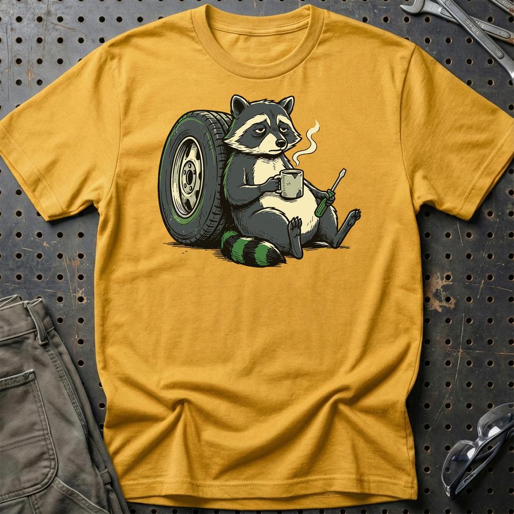 Garage Racoon - Unisex T-Shirt , Bomuld-Beklædning-Garage Culture-Guld-S-Garage Culture Shop- garage - man cave - merchandise