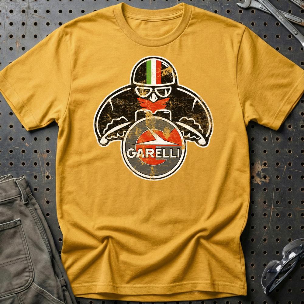 Garelli Biker Vintage Style Unisex T-Shirt , Bomuld-Beklædning-Garelli-Guld-S-Garage Culture Shop- garage - man cave - merchandise