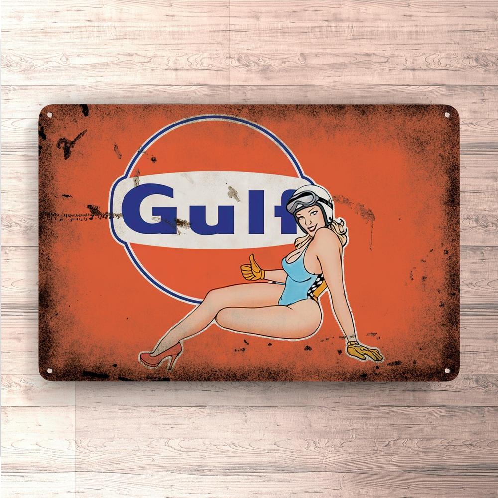 Gulf Pin-Up Vintage Skilte, Musemåtte, Dørmåtte-Skilte-Motorolie-Garage Culture Shop- garage - man cave - merchandise