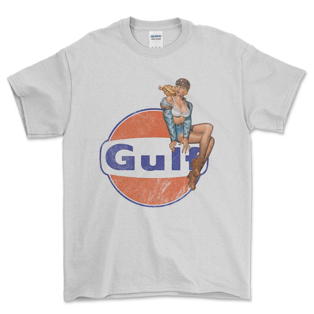 Gulf Pinup - Unisex T-Shirt , Bomuld-Beklædning-Motoroil-Hvid-S-Forside-Garage Culture Shop- garage - man cave - merchandise