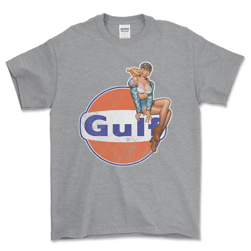 Gulf Pinup - Unisex T-Shirt , Bomuld-Beklædning-Motoroil-Grå Sport-S-Forside-Garage Culture Shop- garage - man cave - merchandise