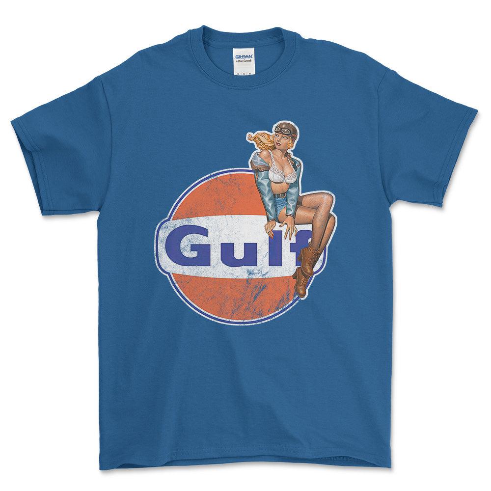 Gulf Pinup - Unisex T-Shirt , Bomuld-Beklædning-Motoroil-Blå Royal-S-Forside-Garage Culture Shop- garage - man cave - merchandise
