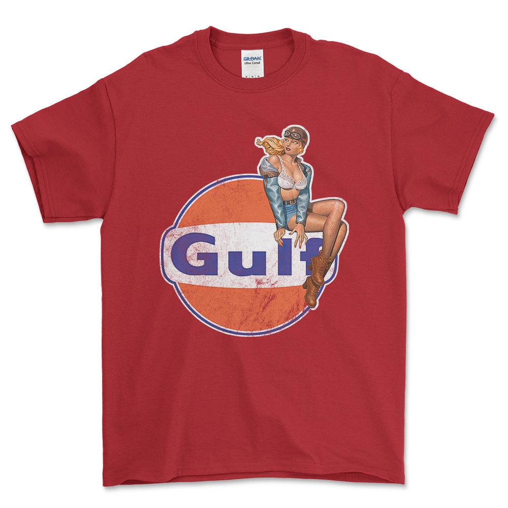 Gulf Pinup - Unisex T-Shirt , Bomuld-Beklædning-Motoroil-Rød-S-Forside-Garage Culture Shop- garage - man cave - merchandise
