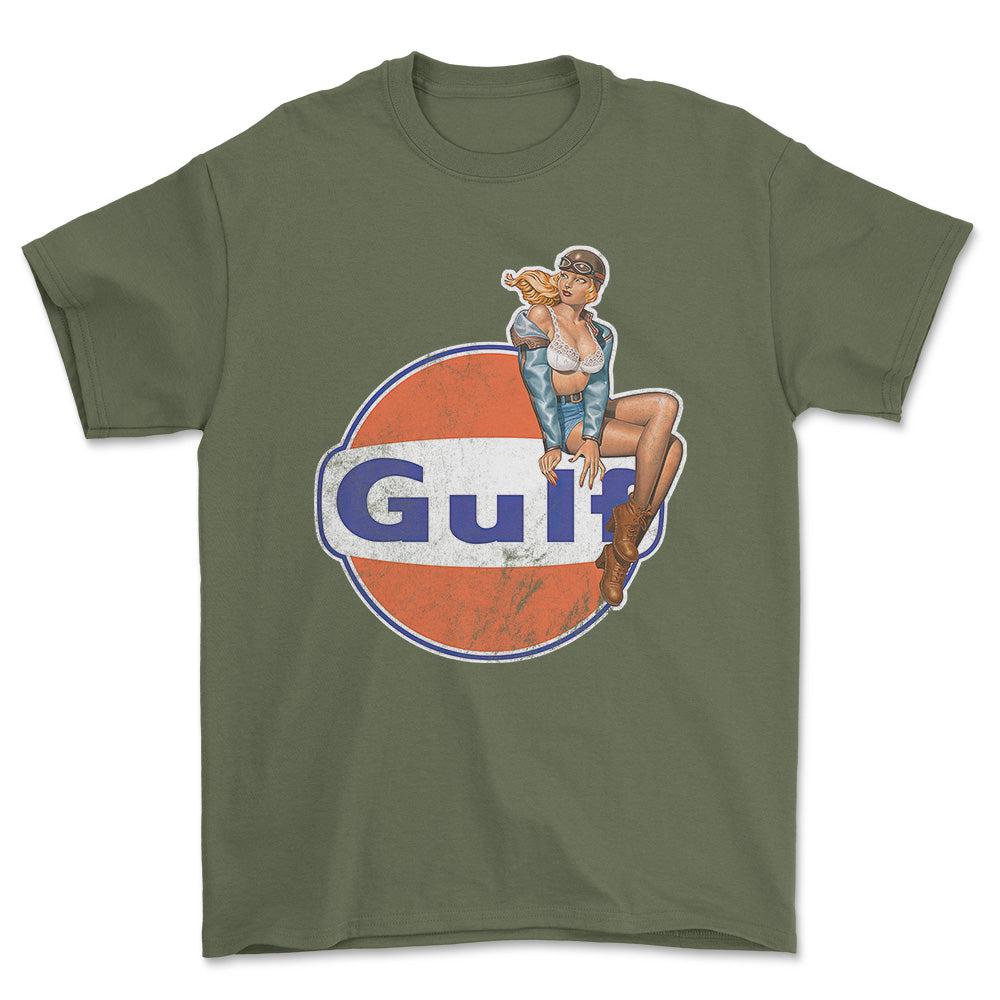 Gulf Pinup - Unisex T-Shirt , Bomuld-Beklædning-Motoroil-Grøn Militær-S-Forside-Garage Culture Shop- garage - man cave - merchandise