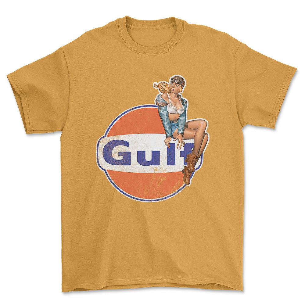 Gulf Pinup - Unisex T-Shirt , Bomuld-Beklædning-Motoroil-Guld-S-Forside-Garage Culture Shop- garage - man cave - merchandise