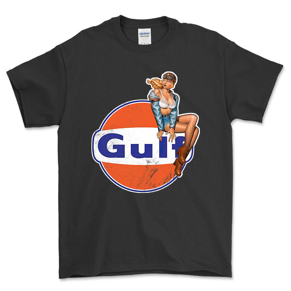 Gulf Pinup - Unisex T-Shirt , Bomuld-Beklædning-Motoroil-Sort-S-Forside-Garage Culture Shop- garage - man cave - merchandise