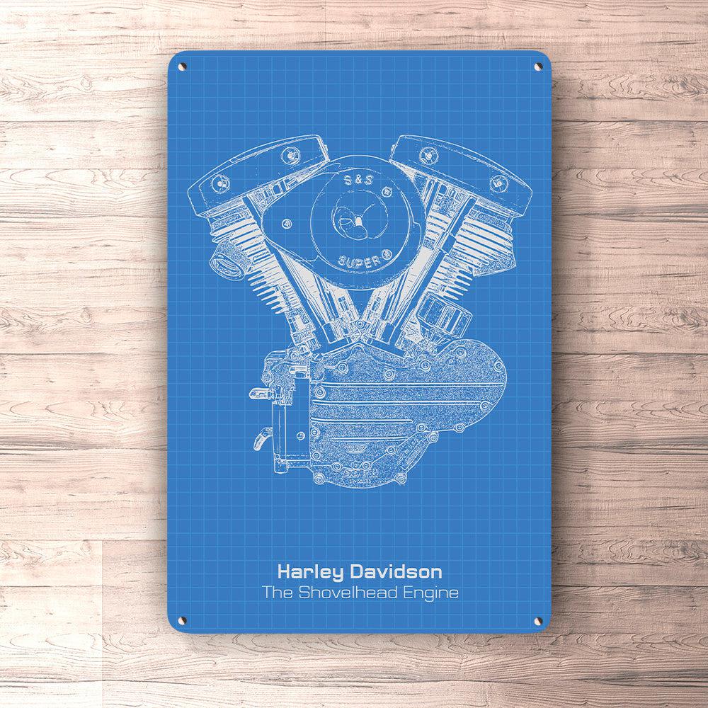 Harley Davidson The Shovelhead Engine Blueprint Skilte, Musemåtte, Dørmåtte-Blueprint-Harley Davidson-Garage Culture Shop- garage - man cave - merchandise